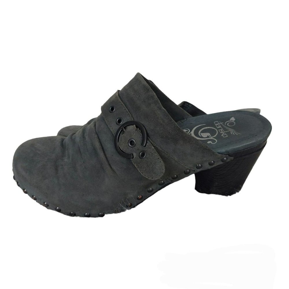 Dansko Nadine Grey Suede Ruched Studded Buckle Slip On Clog Mules Sz 42 11 5 /12